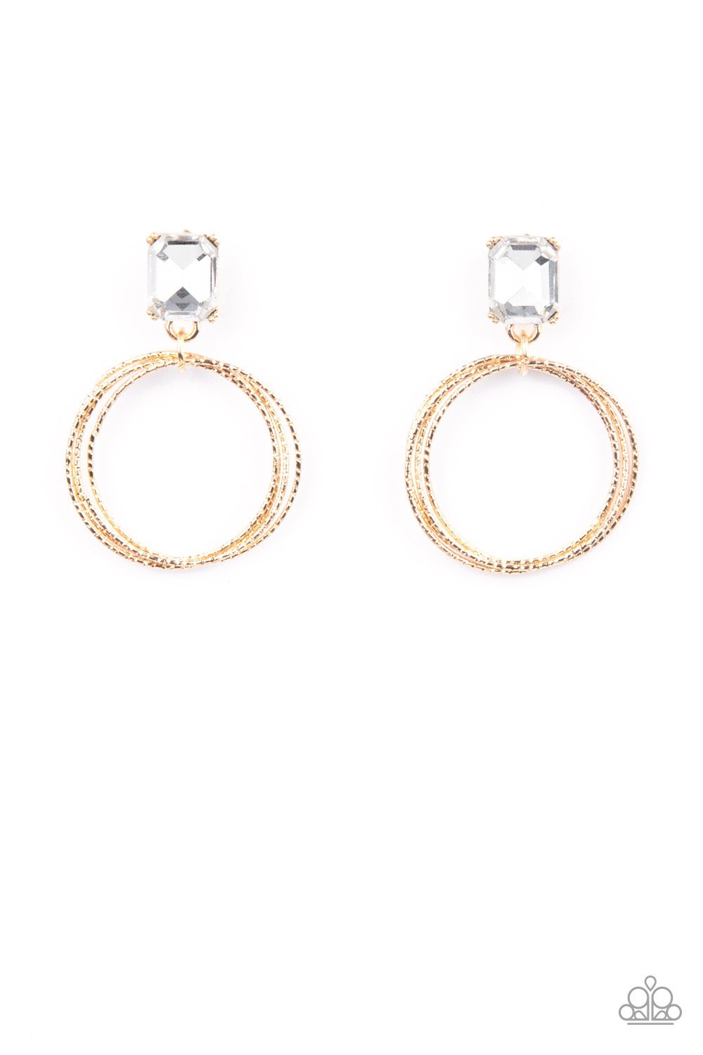 Prismatic Perfection - Gold Textured Rings & White Emerald Cut Rhinestone Paparazzi Post Earrings