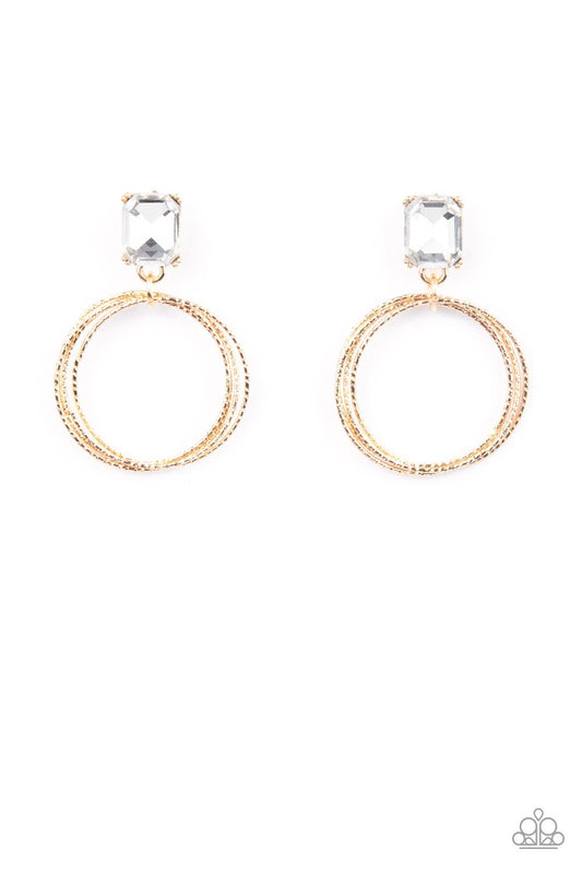 Prismatic Perfection - Gold Textured Rings & White Emerald Cut Rhinestone Paparazzi Post Earrings