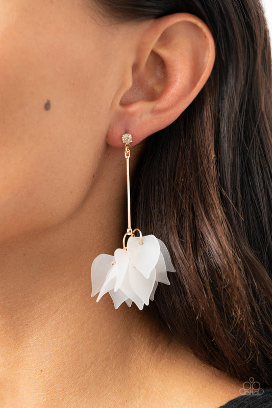 Suspended In Time - Gold Rod/Collection of Curving White Acrylic Petal Earrings