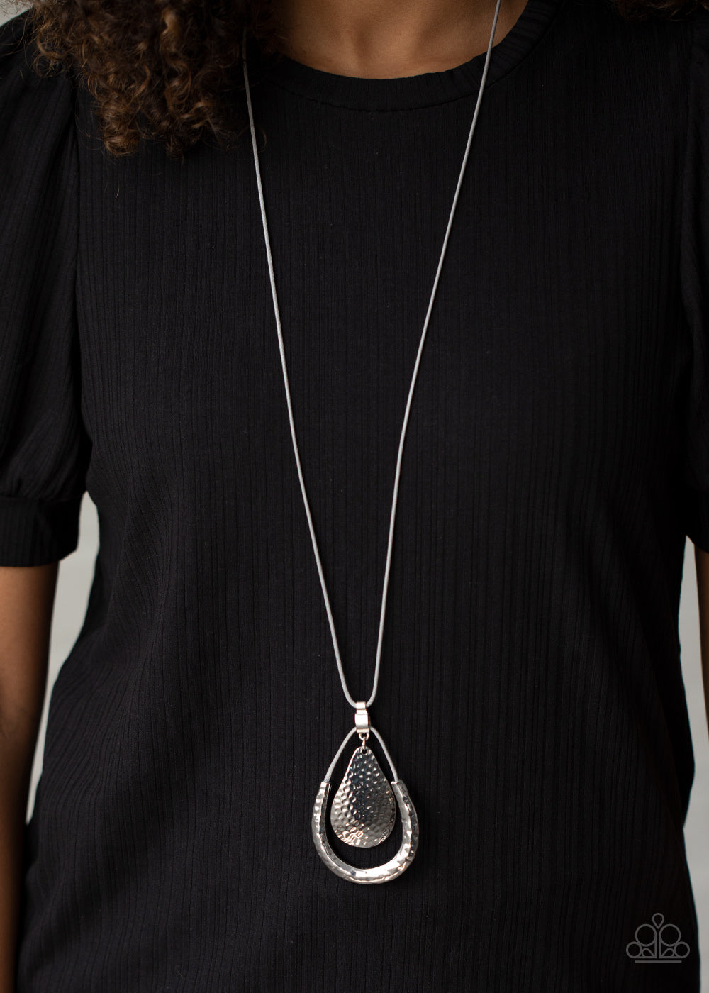 Texture Trekker - Silver/Gray Cord, Hammered Silver Teardrop Pendant Necklace & matching earrings