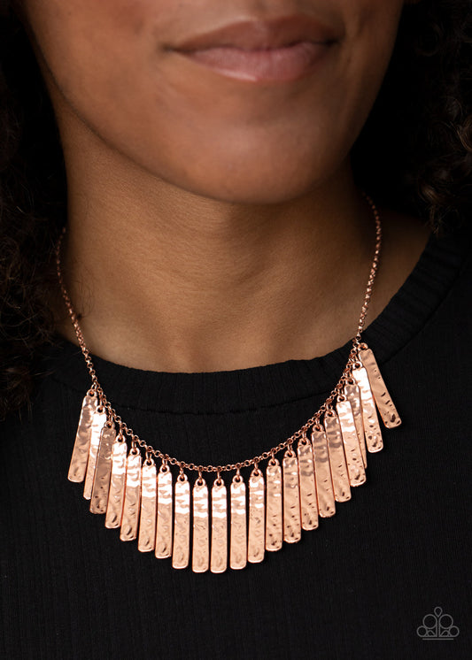 Metallic Muse - Copper Shiny Hammered Rectangular Bar Tapered Fringe Necklace & matching earrings