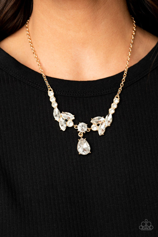 Unrivaled Sparkle - Gold Tiered Rhinestone Encrusted Frames/Oversized White Teardrop Rhinestone Pendant Necklace & matching earrings