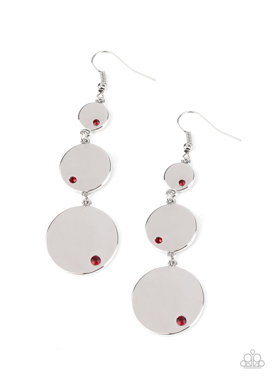 Poshly Polished - Red Rhinestone Dotted Silver Trickling Disc Paparazzi Earrings