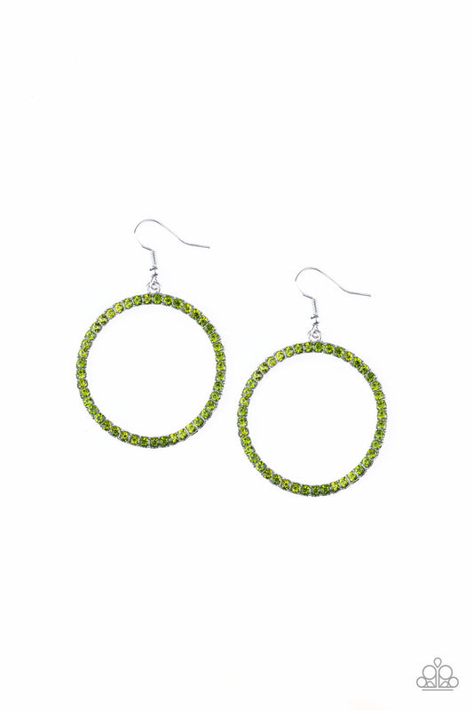 Stoppin Traffic - Green Rhinestone Encrusted Warped Silver Paparazzi Loop Earrings