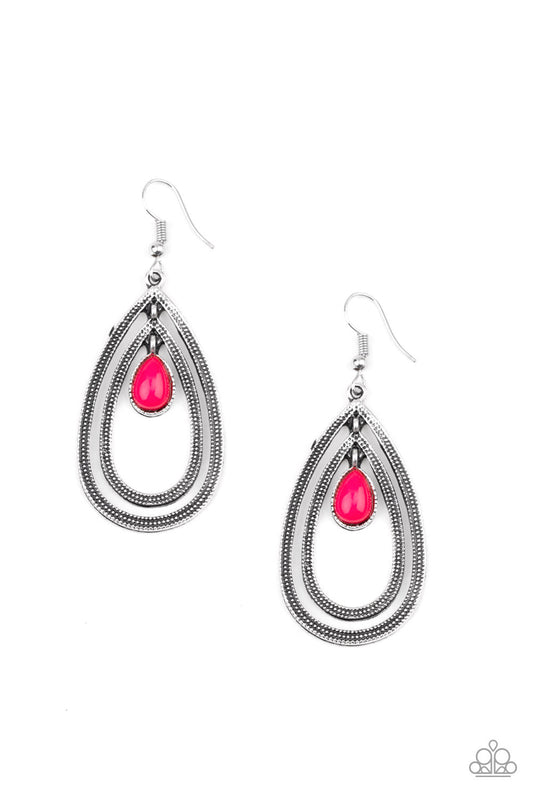 Drops of Color - Pink Teardrop Bead/Studded Texture Silver Teardrop Earrings