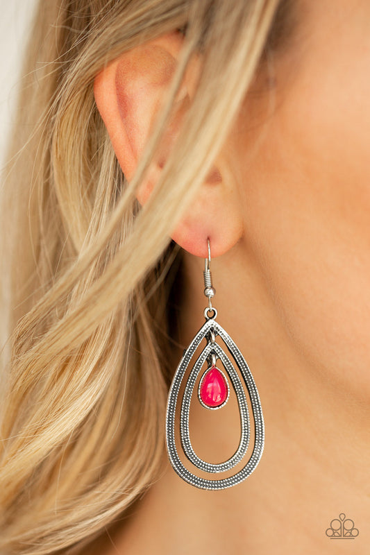 Drops of Color - Pink Teardrop Bead/Studded Texture Silver Teardrop Earrings