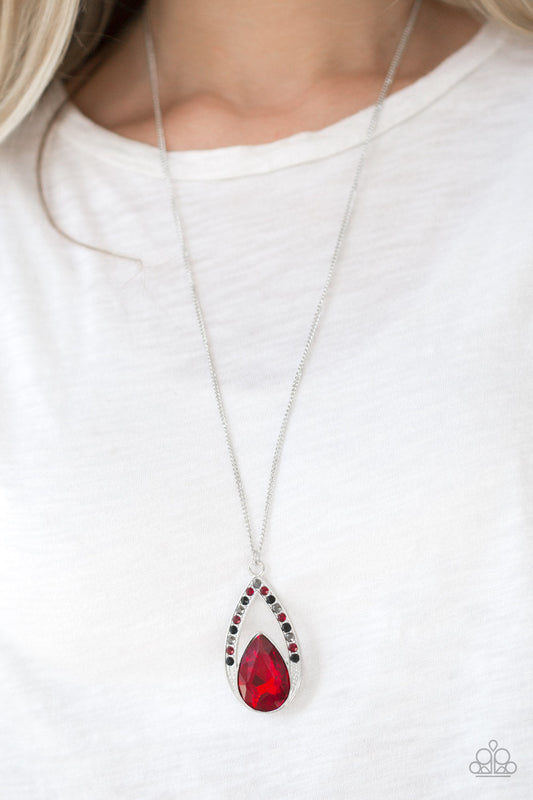 Notorious Noble - Multi Red Teardrop Gem/Black, Hematite & Red Rhinestone Pendant Necklace & matching earrings