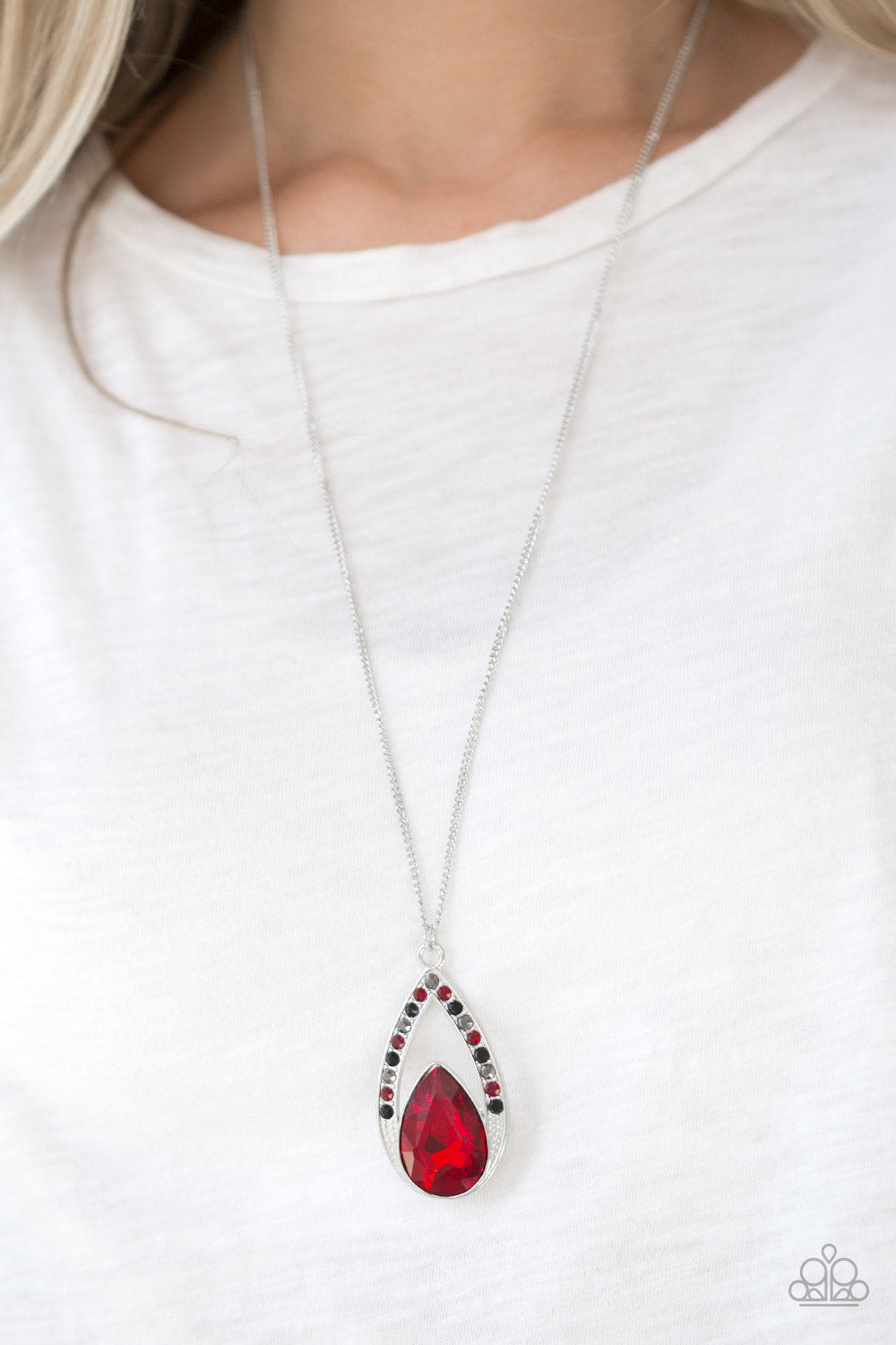 Notorious Noble - Multi Red Teardrop Gem/Black, Hematite & Red Rhinestone Pendant Necklace & matching earrings