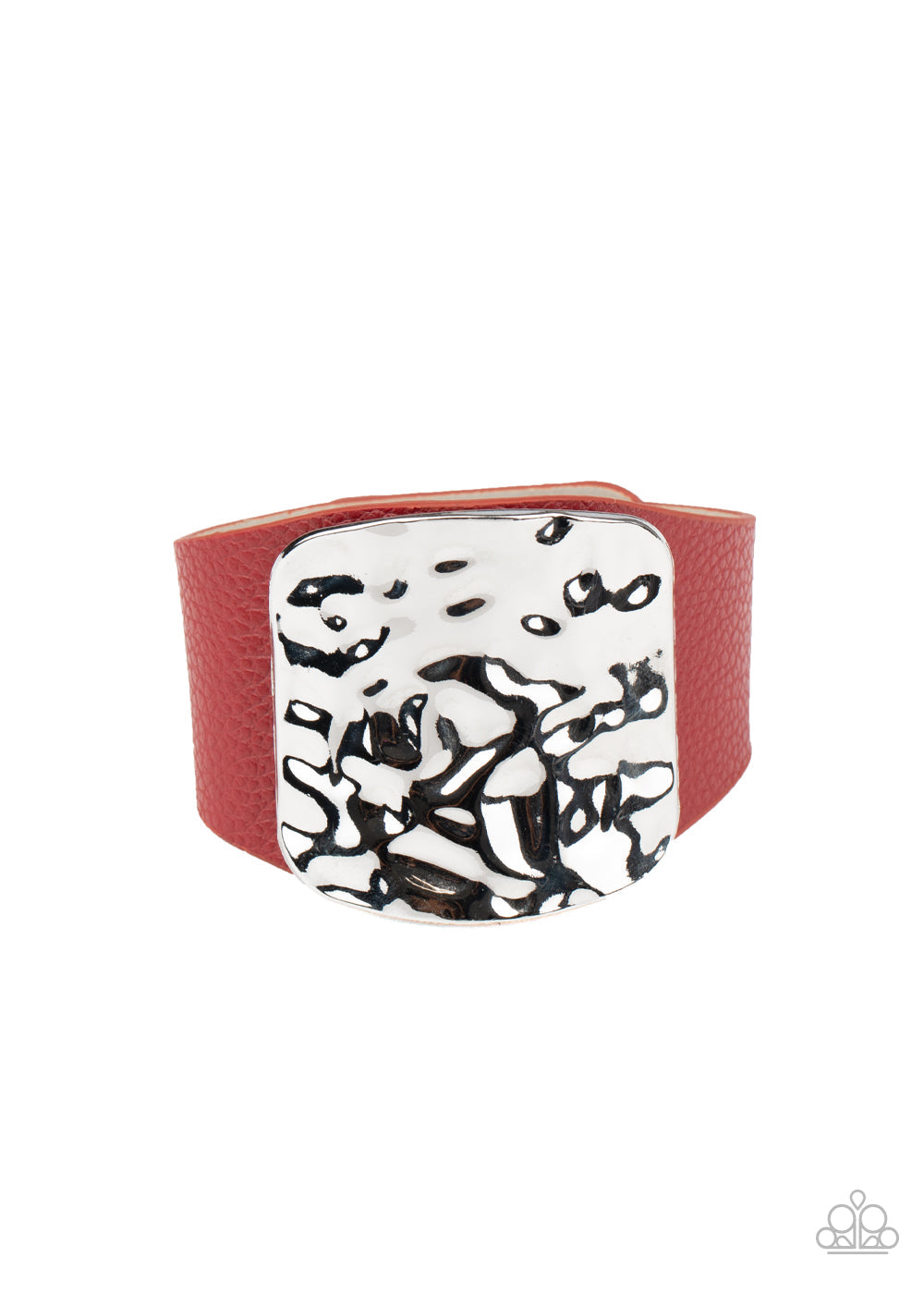 Brighten Up - Red Leather/Hammered Silver Square Centerpiece Snap Bracelet