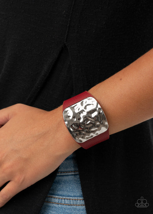 Brighten Up - Red Leather/Hammered Silver Square Centerpiece Snap Bracelet