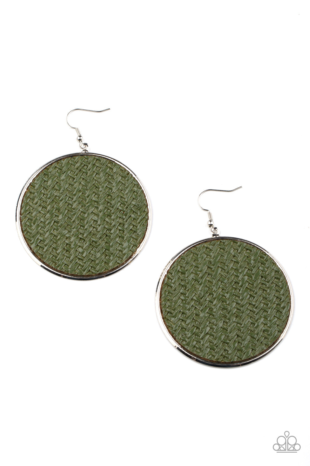 Wonderfully Woven - Green Military Olive Woven Twine-Like Cording / Oversized Silver Disc Earrings