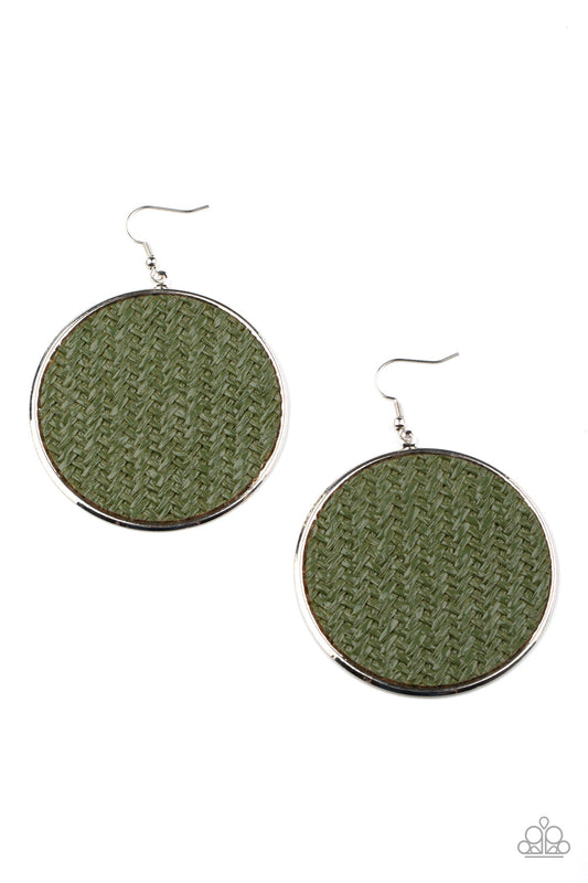 Wonderfully Woven - Green Military Olive Woven Twine-Like Cording / Oversized Silver Disc Earrings