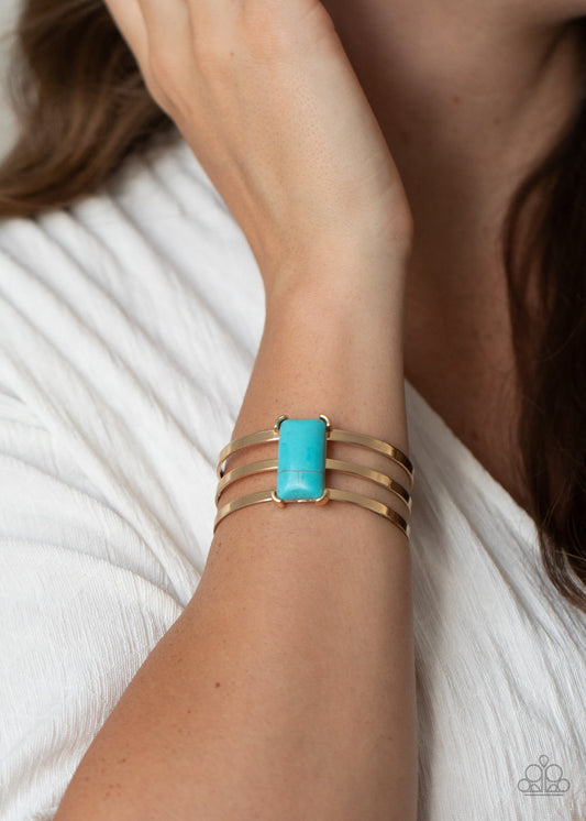 Rural Recreation - Gold Layers/Square Turquoise Stone Center Cuff Bracelet