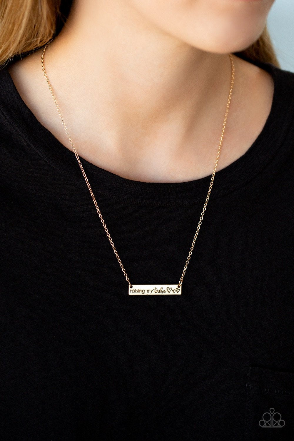 Raising My Tribe - Gold Bar "Raising My Tribe" Stamped Plate Paparazzi Necklace & matching earrings
