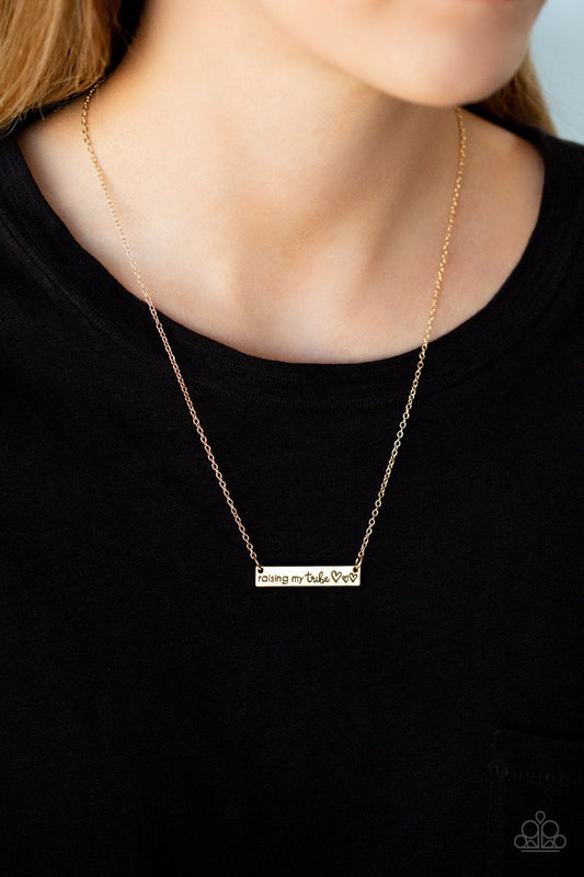 Raising My Tribe - Gold Bar "Raising My Tribe" Stamped Plate Paparazzi Necklace & matching earrings