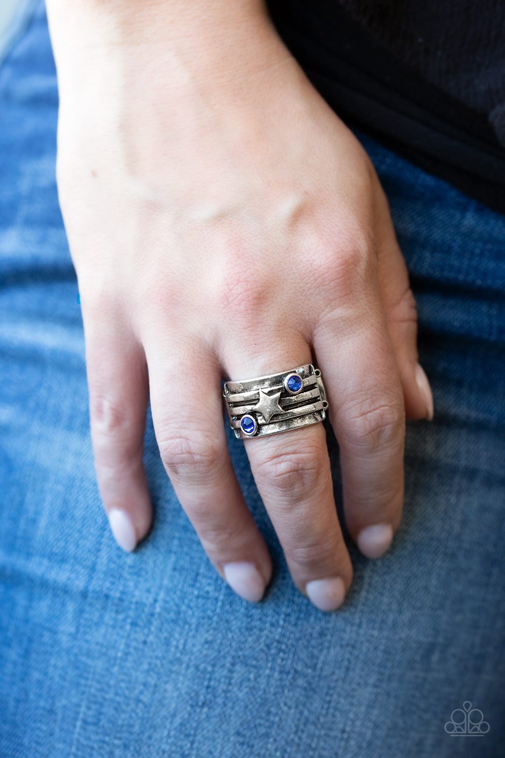 Stars and Stripes - Blue Rhinestone & Silver Star Paparazzi Ring
