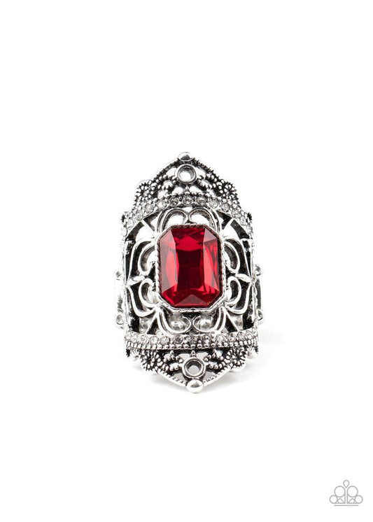 Undefinable Dazzle - Red Emerald Cut Rhinestone/White Rhinestones/Silver Filigree Ring - Life of the Party January 2021 Exclusive